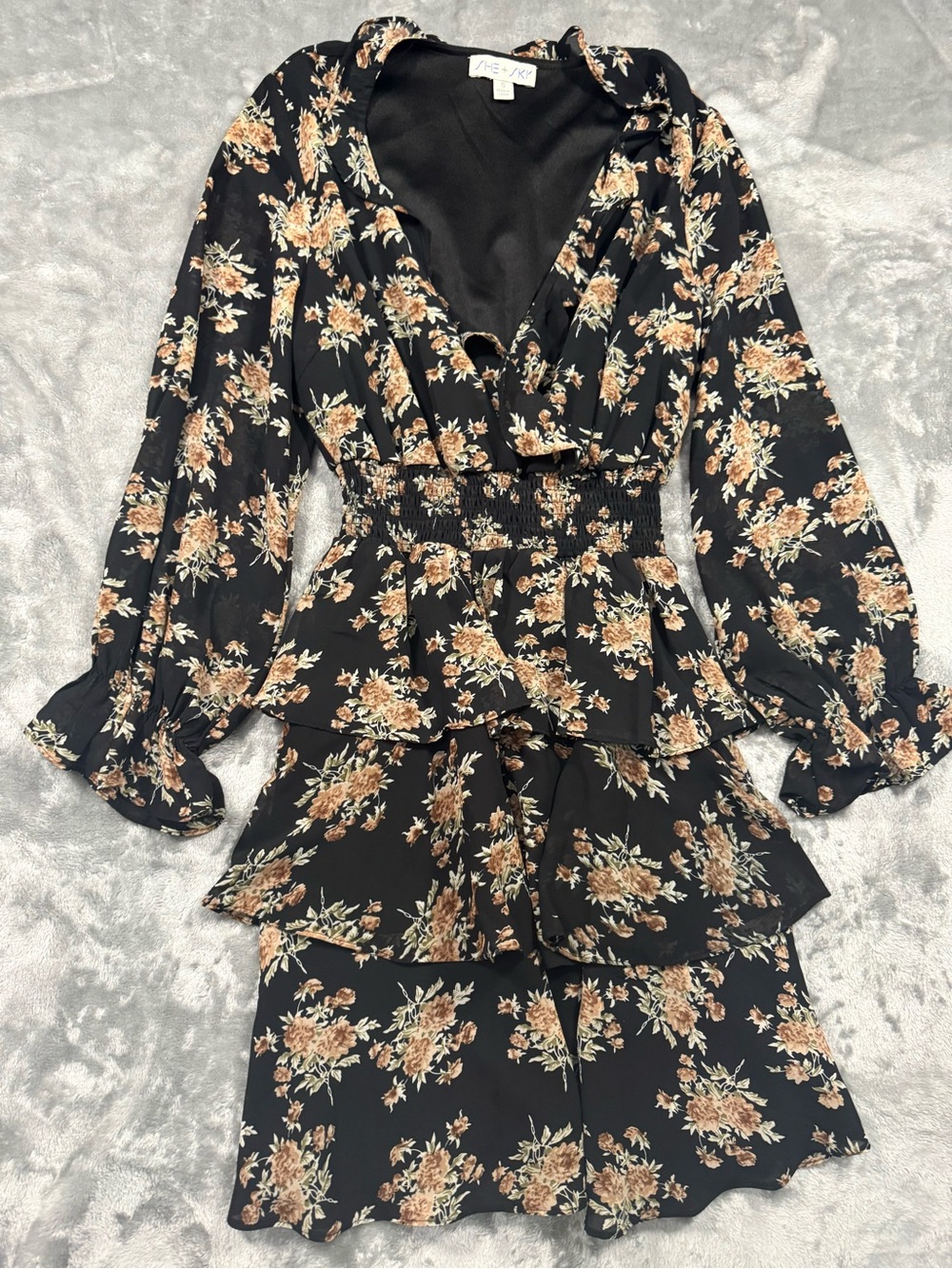 Floral Black Dress with Smocked Waist